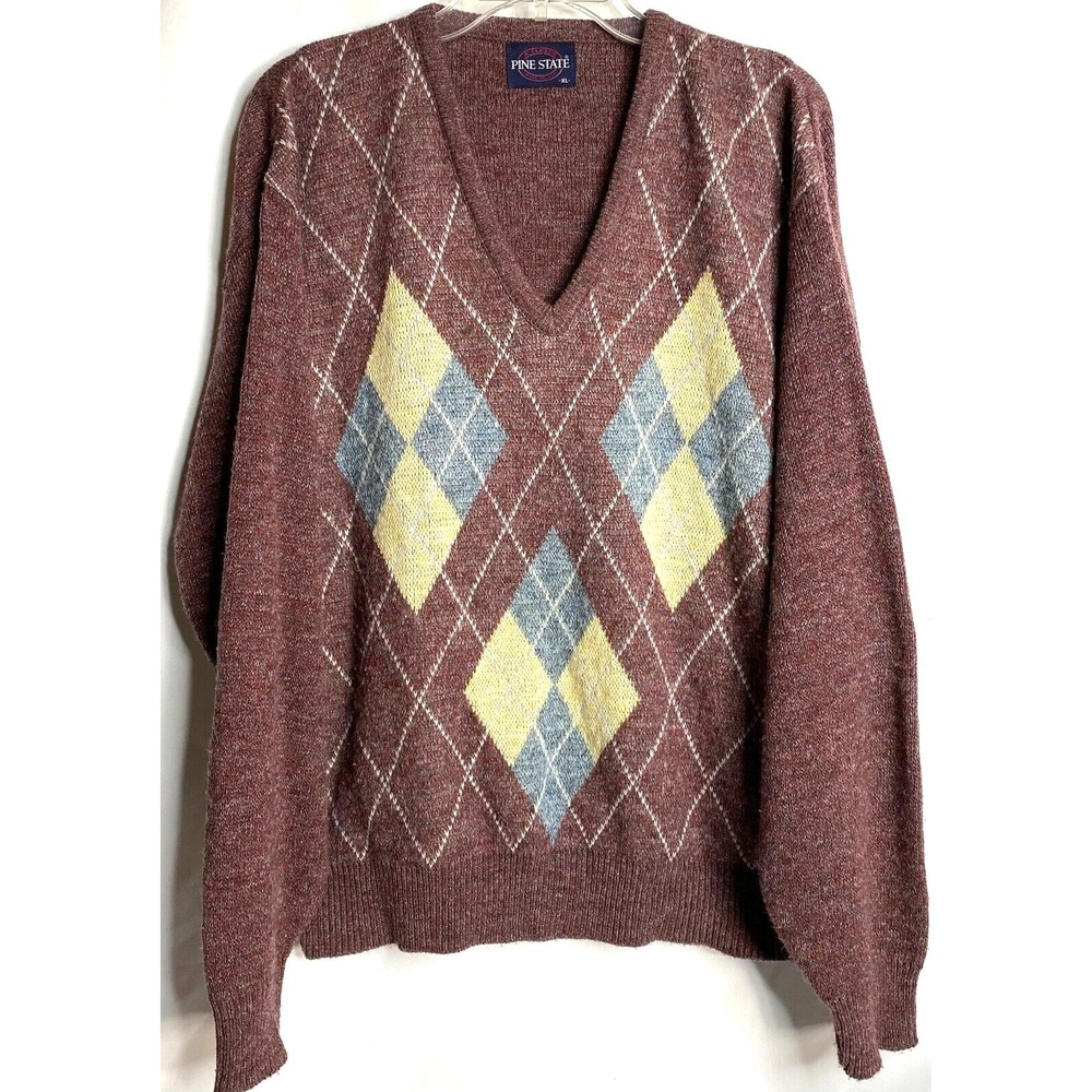 Vintage Pine State Wool Blend V-Neck Plum Maroon Argyle Sweater XL USA